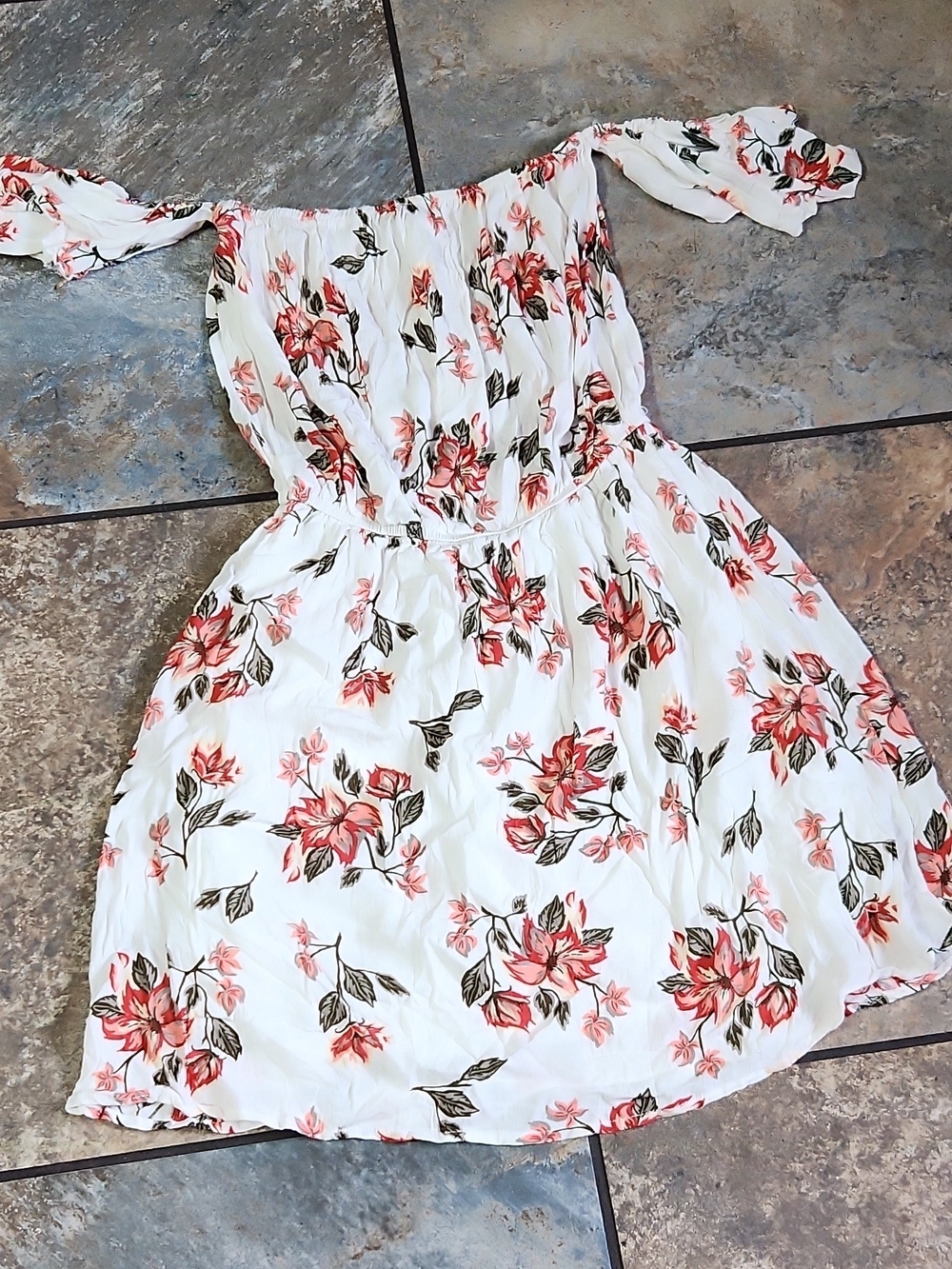 Exist White Off-Shoulder Mini Dress with Coral Floral Print and Green Leaves
